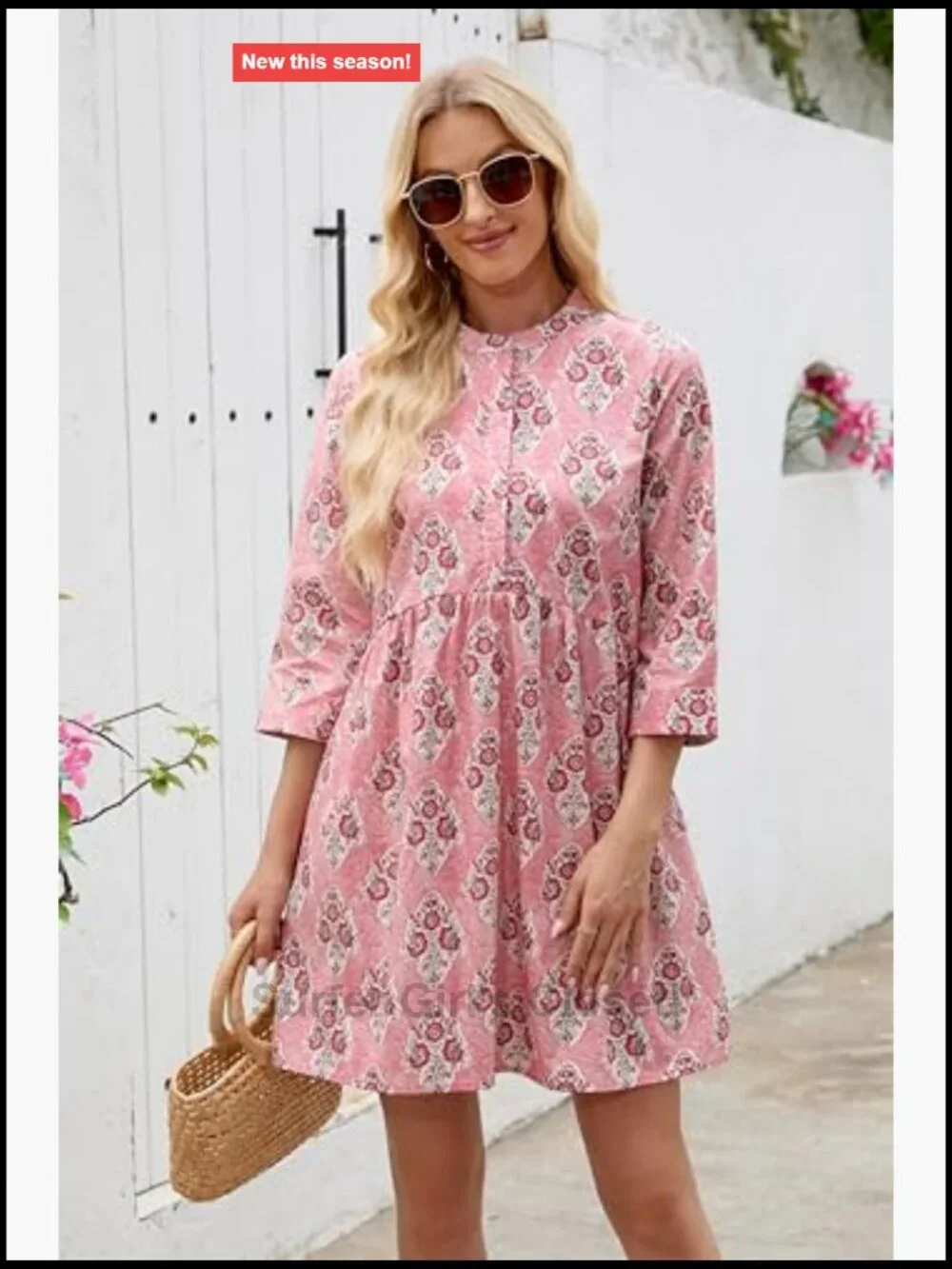 Women's 3/4 Sleeve 100% Cotton Floral Shift Mini Dress